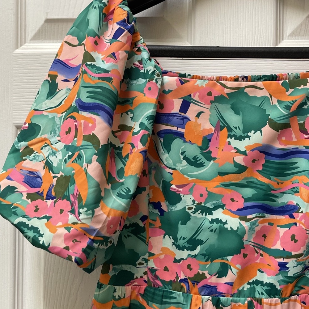 Joy Joy Mini Dress XSmall Bold Colorful Flowers Tiered Maximalist Puffed Sleeve